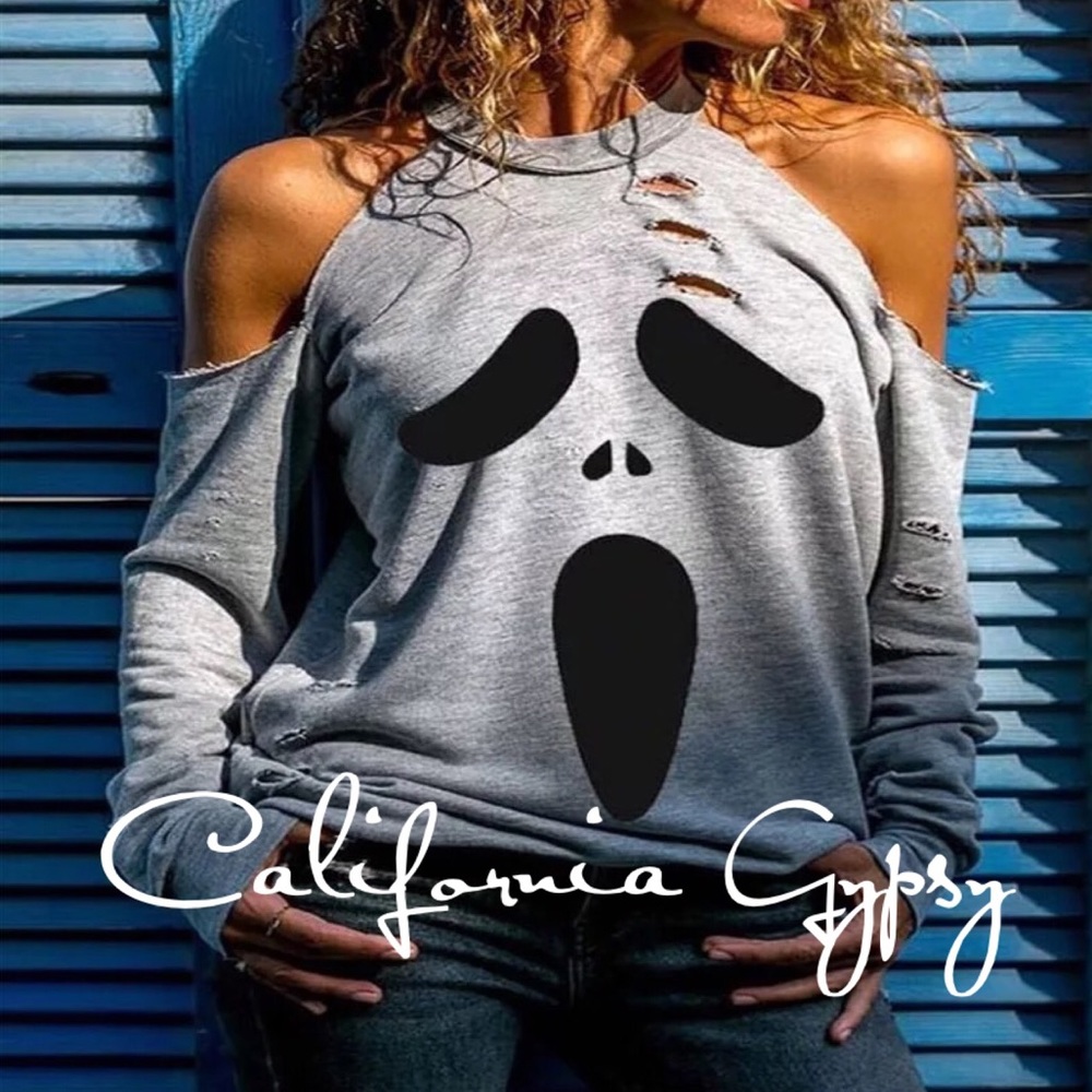 Ghost Halloween Distressed Cold Shoulder Sweatshirt👻 - Picture 1 of 5